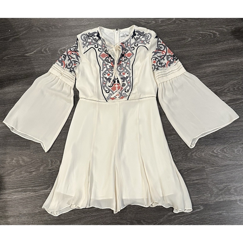 Parker Mini Dress Womens Medium Ivory Silk Embroidered Boho Bell Sleeve Whimsy‎